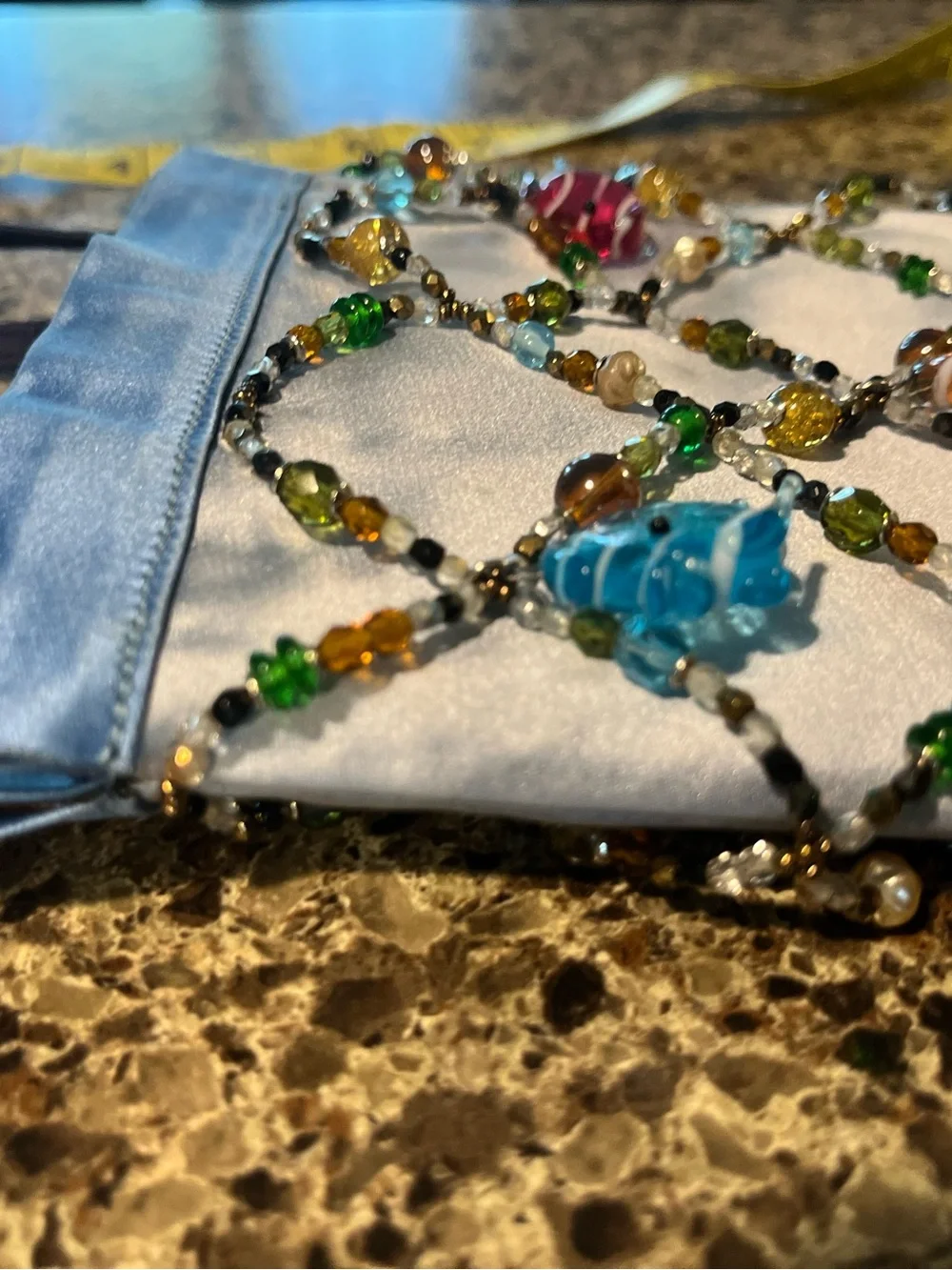 Renaud Pellegrino one of a kind Blue Satin Beaded Fish Charm Pouch